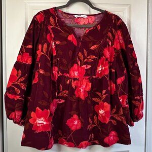 Women's 2X Sonoma Burgundy Corduroy Floral Peasant Top Retro Boho Hippie Cotton
